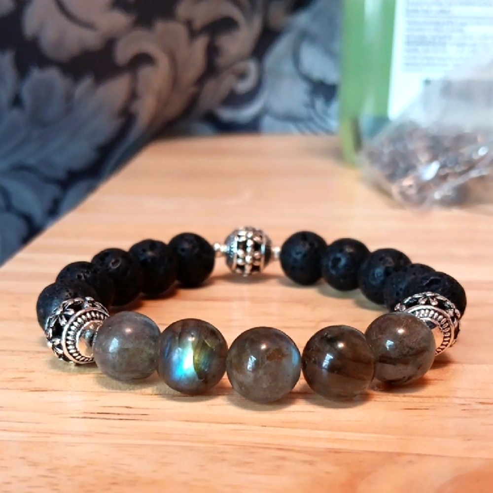 Unisex Labradorite & Lava Rock Beaded Stretch Bracelet